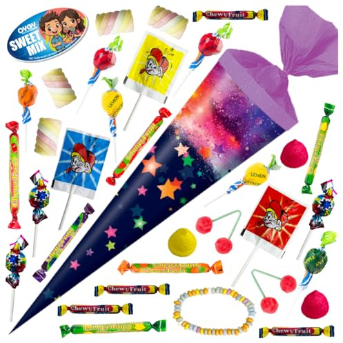 OYOY 35cm Schultüte gefüllt mit 275g Süßigkeiten Mix I Sterne I Schulbeginn Ausbildungsbeginn Geschenk I Zuckertüte Studienbeginn I Geschwistertüte I Sternenhimmel I neuer Job Geschenke