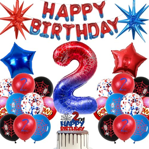 Decoración de Cumpleaños Globos Spider 2 Años, Globo de Aluminio Gigante Numero Telaraña, Fiesta Decoración Compleanno Niño Globos Banner Globo de Látex Torte (Set Cumpleaños Niño 2 Años)
