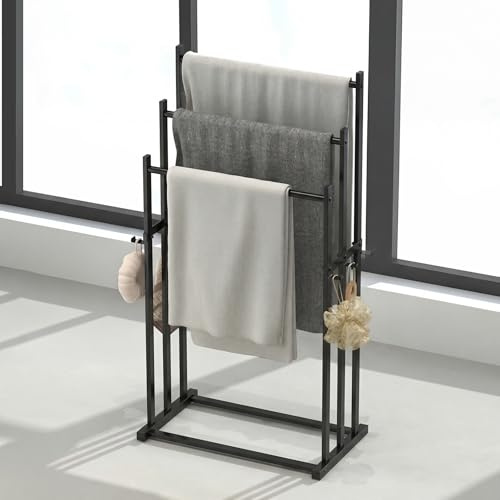 Sosisul Handtuchhalter Stehend mit 3 Stangen und Haken, Handtuchleiter aus Stahl, Badetuchhalter für Badezimmer, Handtücher, Badetücher