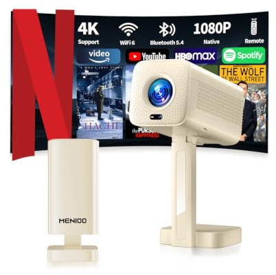 Mini Projector Supports 4K 1080P, Portable Projector with Auto Focus & Keystone und 90° Drehbarkeit, Smart Projector with WiFi 6 and Bluetooth 5.4 Compatible with HDMI/TV Stick/Laptop - Beige