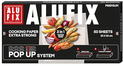 ALUFIX Backpapier POP-UP 3-in-1/50 Stück Backpapier-Bögen/ 33 x 32 cm/Weiß/Pergamentpapier für Backen Braten Mikrowelle Einfrieren fettfreies Braten Dämpfen