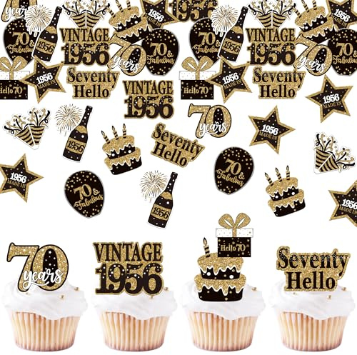 SYKYCTCY 63 Pack Edible Happy 70th Birthday Cupcake Toppers Glitter Seventy Vintage 1956 Cupcake Picks Cheers to 70 Years Decorations for Happy 70th Birthday Party Cake Decor Supplies