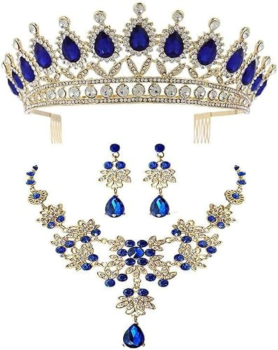 Smyckeset med strass, krona, halsband, örhängen, bröllopssmyckeset, barockkrona med kam, for fest, bankett, bal, blå/6930