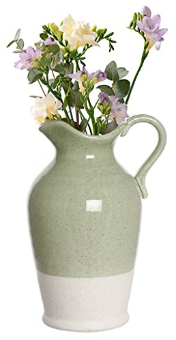 Green & White Flower Vase Pitcher Jug Vase Water Tight Decorative Earthenware Ceramic Table Centrepiece Easter Décor Gift Idea