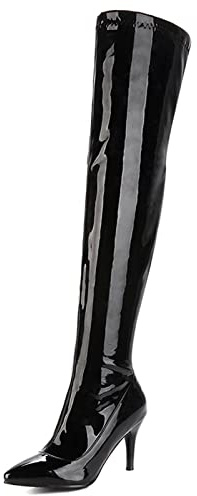 OALEEN Bottes Cuissardes Femme Hiver Vernis Sexy Haute Talon Aiguille Bout Pointu Chaussures Soirée Noir 48
