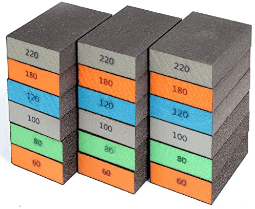 BOSHCRAFT Lot de 18 éponges de ponçage, lavables et réutilisables pour bois, cloisons sèches, verres métalliques, grossiers, moyens, fins, super fins en grain 60/80/120/220, papier abrasif brique (9,9