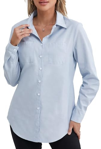fuinloth Chemisier Femme Chic et élégant Manche Longue avec Poches Décontractés Jean Blouse Chemise Bleu Clair L