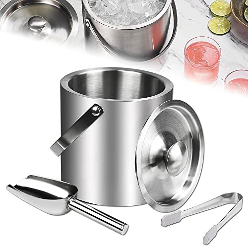 SCHYIDA Secchiello Ghiaccio con Coperchio 2 L Portaghiaccio per Bottiglie Secchiello Portaghiaccio con 1 Pinze Ghiaccio 1 Paletta Giaccio in Acciaio Inox Cestello Ghiaccio per Bottiglie (15.5*15.2CM)