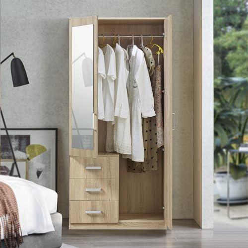 [en.casa] Armario Ropero Bodolz Guardaropa Armario de Almacenamiento con 2 Puertas 1 Perchero 3 Cajones 1 Espejo MDF 176 x 80 x 52 cm - Efecto Roble Sonoma