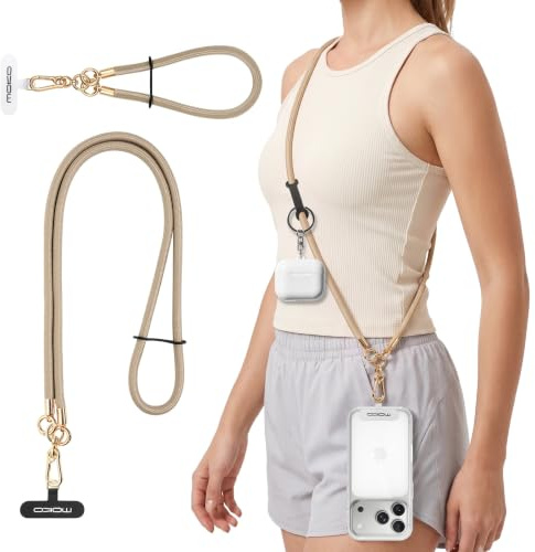 MoKo Adjustable Cell Phone Lanyard, Premium 8mm Thick Rope Mobile Phone Neck Strap for iPhone, Samsung and More - Khaki