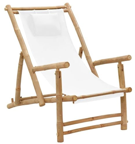 ZEYUAN Liegestuhl, Gartenliege, Sonnenliege, Relaxliege, Deckchair, Terrassenstühle, Beach Chair, Saunaliege, Bambus und Canvas Cremeweiß