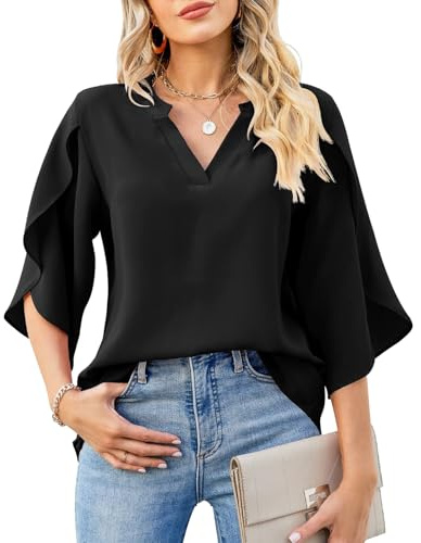 RoomTour Dam, sommarblus, elegant med volangärmar och V-ringad, chiffongblus, lediga toppar, svart, XXL