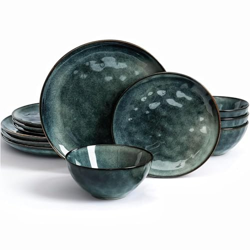 Richmount Ocean 12 Piece Dinner Set, Stoneware 3D Wave Relief Irregularly Shaped Plates and Bowls Set, Reactive Glaze Dinnerware Sets for 4, Dishwasher & Microwave Safe, Stylish & Durable, Dark Green