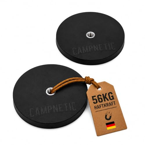 Campnetic Magnete 88mm mit M8-Innengewinde 2er Set | Gummiert, Starke Camping Magnete bis 56kg, Outdoor Magnet, Campingzubehör, ohne bohren