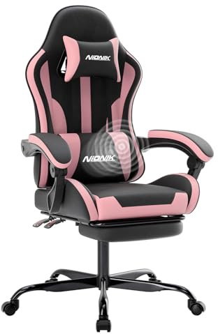 NIONIK Bürostuhl Gaming Stuhl, Gamer Stuhls Computerstuhl mit Fußstütze, Gepolstert Gaming Chair,Gaming Sessel für Erwachsene, Drehsessel Schwarzrosa | Gepolstert Gaming Chair,Gaming Sessel für Erwachsene, Drehsessel