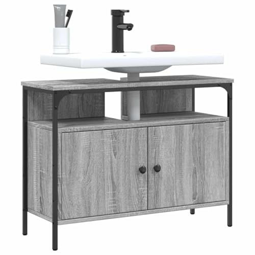 Mobile Base Lavabo in Legno Ingegnerizzato e Acciaio Verniciato, Design Salvaspazio con Ampio Vano, Mobiletto Sotto Lavabo Bagno, Armadietto da Bagno per Camera e Bagno, Grigio Sonoma, 80x30x60 cm