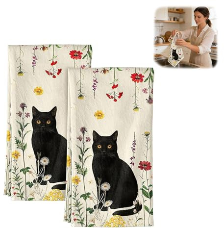 UZYXC 2 Stück Mikrofasergeschirrtücher – Super Saugfähige & Weiche Küchenhandtücher 45x66cm mit Katzen & Blumenmotiv – Für Küche, Haushalt, als Ästhetische Deko