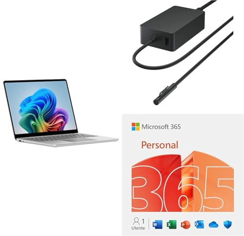 Microsoft Surface Laptop | LCD Touchscreen 13” | Snapdragon® X Plus | 16 GB di RAM | 256 di memoria | Ultimo modello | Platino + Alimentatore da 65 W 365 Personal - Kit produttività