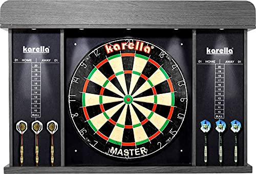 Karella Dartboard Arena Cabinet mit LED Beleuchtung, praktischer Wandschutz, Darthalter und Auffangring-Funktion, Holzschrank