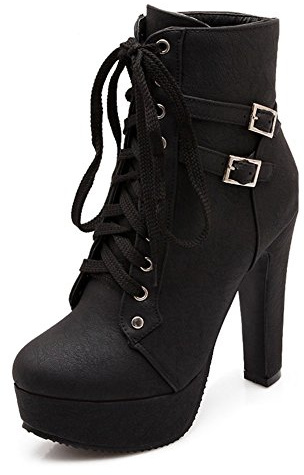 Minetom Damen Worker Boots Einfarbige Schnürsenkel Hohe Absätzen Stiefeletten mit Schnalle Blockabsatz Schuhe Outdoor Stiefel Schwarz EU 43