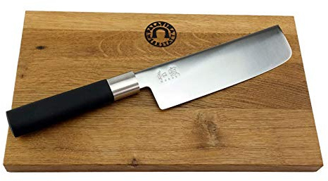 KAI Wasabi Black Geschenkset Nakiri Messer Japanisches Küchenmesser ultrascharf mit Eiche Schneidebrett 30x20 cm – Gemüsemesser Set für Hobbyköche & Küche