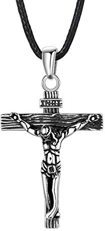 U7 925 Sterlingsilber personalisiert Kruzifix Halskette Damen kunstliche Lederkette und Kreuz Anhänger katholischen religiöser Modeschmuck für Frauen Jahrestag Weihnachten