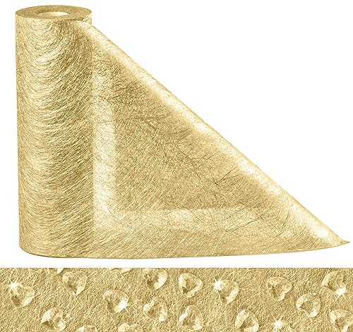Anstore Tischläufer Gold Rolle 30m, 23cm Breite Vlies Tischläufer Hochzeit mit 150 Deko Herzen, Tischband mit Beschicht Glänzend Golden Tischdecken Dekostoff Geburtstagen Taufen Kommunion Weihnachten