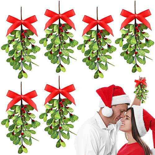 6 Pieces Artificial Mistletoe Picks Christmas Mistletoe Ornament with Red Bow Holiday Mistletoe Branches with Red Berries Xmas Tree Hanging Kissing Mistletoe Ornament for Couple Home Party Decor