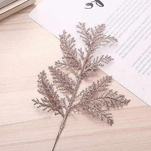 HANTURE 12pcs Artificial Christmas Leaves Picks Rose Gold Glitter Pine Needles Branches DIY Accessories Simulated Fern Leaf Christmas Floral Picks for Xmas Tree Wreath Wedding Decoration
