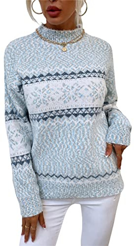 KANDEMY Damen Weihnachtspullover mit kleinem Stehkragen Christmas Pullover Warm Strickpullover mit Streifen Schneeflocken Winter Pullis für Frauen Oberteile Langarm