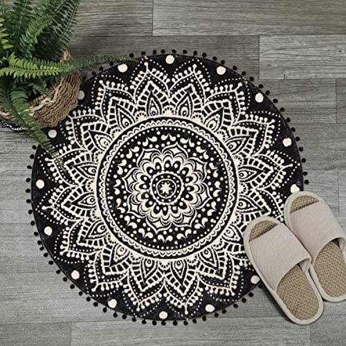 Boho Runder Teppich 90cm Schwarz Mandala Weicher Badezimmerteppich mit Pom Pom Fransen Rutschfest Waschbar Akzentüberwurf Flauschige Bodenmatte für Eingangsbereich Wohnzimmer Schlafzimmer Kinderzimmer