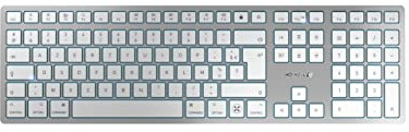 CHERRY KW 9100 Slim for MAC, Kabellose Mac-Tastatur, Französisches Layout (AZERTY), Bluetooth oder 2,4 GHz Funk, Flache Tasten, Wiederaufladbar, Weiß-Silber