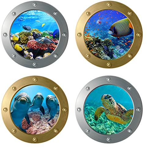 AIBAOBAO 4 Stück 3D Wandtattoo Unterwasserwelt, 3D Sea Life Wandaufkleber Delfin U Boot Fenster Fliesenaufkleber, Wandsticker Badezimmer Bilder Bullauge Deko für Schlafzimmer Wohnzimmer Bad Wanddeko