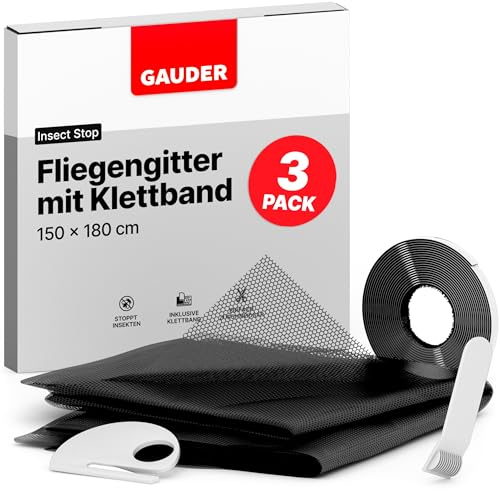 GAUDER Zanzariera per Finestra - Rete Anti-Insetti con Chiusura a Strappo - Protezione Adesiva contro le Zanzare - Schermo Autoadesivo Senza Fori (3 Pezzi - 150 x 180 cm - Nera)