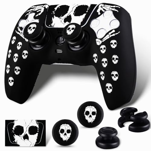 PlayRealm 1 coque en silicone et autocollant et 2 joysticks anti-chute pour manette PS5 (blanc fantôme)