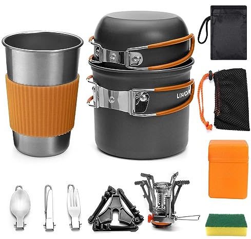 Lixada 10 IN 1 Camping Cookware Kit, 11 Piece Set with Stove, Pots, Tableware & Storage for 1-2 People, Green/Orange