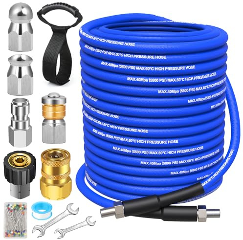 30 m Abwasserdüsen-Set für Hochdruckreiniger, 5800 PSI Wasserstrahl-Abflussreiniger-Schlauch mit drehbarer Ecke, Nase, Kanalstrahldüse, 6,35 mm NPT, Abwasserdüsen-Set mit Spanngurt (blau)