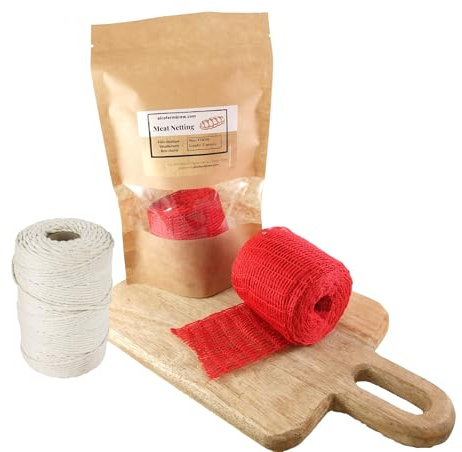 Malla Cárnica Roja 150 mm / 5 m + Cordel de Algodón 80 m – para Ahumar Jamones, Aves y Rellenos Caseros