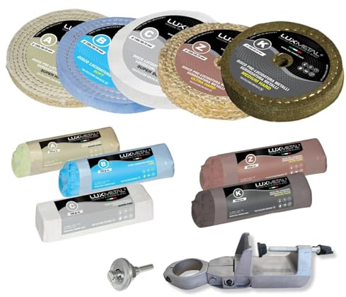 Lux Metal Polierset 5 Polierscheibe 150 mm – 5 polierpaste 250 g, set DIY kit Schleifpaste Metall, Aluminium, für Bohrmaschine, Edelstahl, Messing, Kupfer, Holz, Kunststoff, schleifmaschinen messer