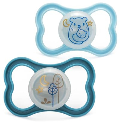 MAM Original Glow-in-the-Dark Dummies, 6-18M, 2 Pack, Orthodontic Design | SkinSoft Silicone Teat, Comes in Dummy Steriliser Case, Sustainable Materials, Baby Accessories, Blue (Designs Vary)