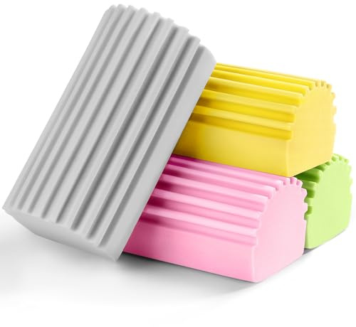 Jeymei 4-Pack Damp Clean Duster Sponge,Damp Dusting Sponge,Duster Baseboard Cleaner Sponge with Ridges,Reusable Wet Duster Sponge,Household Cleaning Sponges for Blinds(Grey,Yellow,Pink,Green)