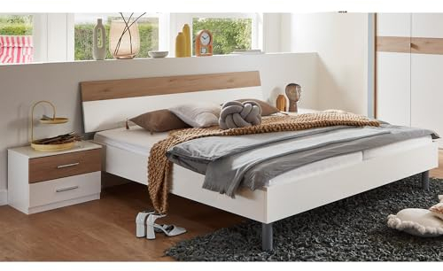 Lomadox Schlafzimmer Set 3-teilig mit Bett 180x200 cm, 2X Nachtschrank in weiß mit Eiche