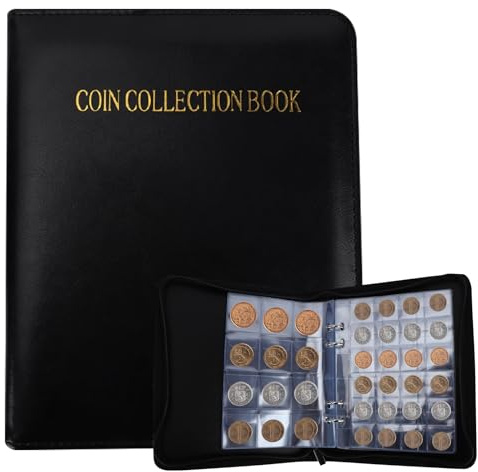 Domigard Coin Collection Album, 360 Pockets Coin Storage Books, Coin Collection Holder Book with Leather Cover, Coin Storage Album Binder with Zippers (20 Collecting Pages and 2 Size Grid)