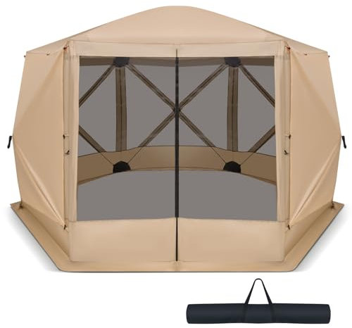 COSTWAY 2.3 x 2.3m/3.5 x 3m Pop up Camping Gazebo, 4/6-Sided Instant Setup House Tent with Carrying Bag, UV 50+ Resistant Portable Outdoor Sun Shelter Screened Canopy (346 x 305 x 225cm, Khaki)