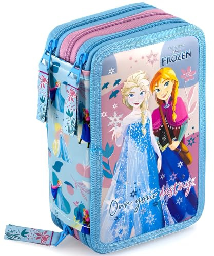 Clondo 3-Fach Federmäppchen Mädchen Gefüllt für Die Eiskönigin Fan | Schulmäppchen Set 46 Teile mit Radierbaren Stiften, Filzstiften, Buntstiften, 6-12 Jahre