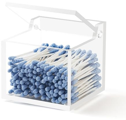 WORHE Q-Tip-Halter mit Deckel, Acryl-Wattebäusche- und Wattestäbchen-Organizer, Make-up-Pads und Kosmetik-Aufbewahrungsbox, Q-Tip-Spender für Schminktisch oder Arbeitsplatte (DP011)