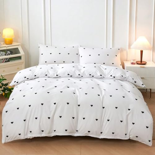 Nyescasa Herz Bettwäsche 140x200 Weiß Schwarz Herzen Bettbezug Weich Mikrofaser Mädchen Kinder Herzmuster Bettwäsche Set mit Reißverschluss und Kissenbezug 70x90cm
