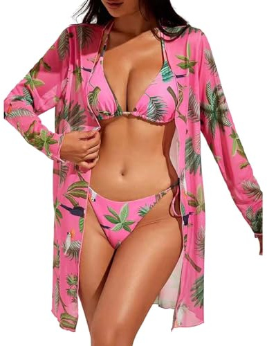 Maillot De Bain Transbronzant Ensemble 3 pièces imprimé Floral très Extensible, Maillot de Bain Triangle, col Licou, Bretelles à Nouer, Bikini et Manches Maillot De Bain Femme Ronde (Red, M)