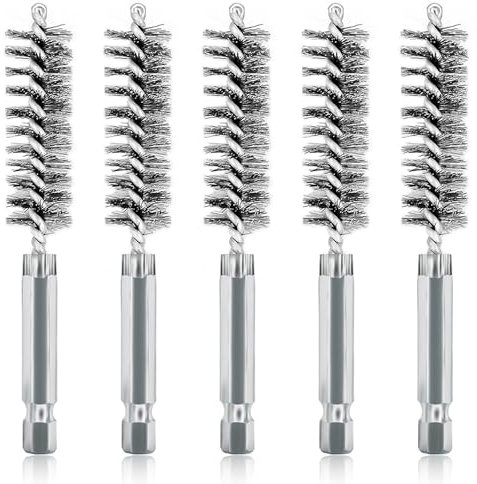 ASNOMY 5 Stück 14mm Drahtbürste für Bohrmaschine, Verschiedene Größen Zylinderbürste, mit Sechskantstange Edelstahl-Lochbürste, Zylinder-Drahtbürste für Bohrmaschine Polier Schleifen Reinigung