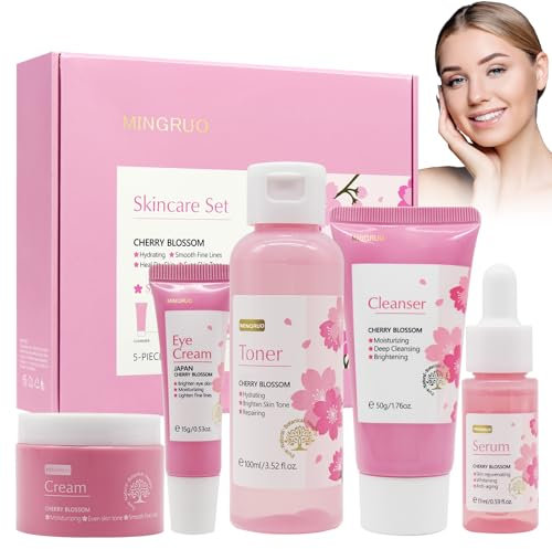 MINGRUO Kit per la Cura della Pelle Sakura da 5 Pezzi, Set per la cura della pelle Sakura, Kit idratante per la cura del regalo da donna, Strumento del viso con estratto di fiori di ciliegio